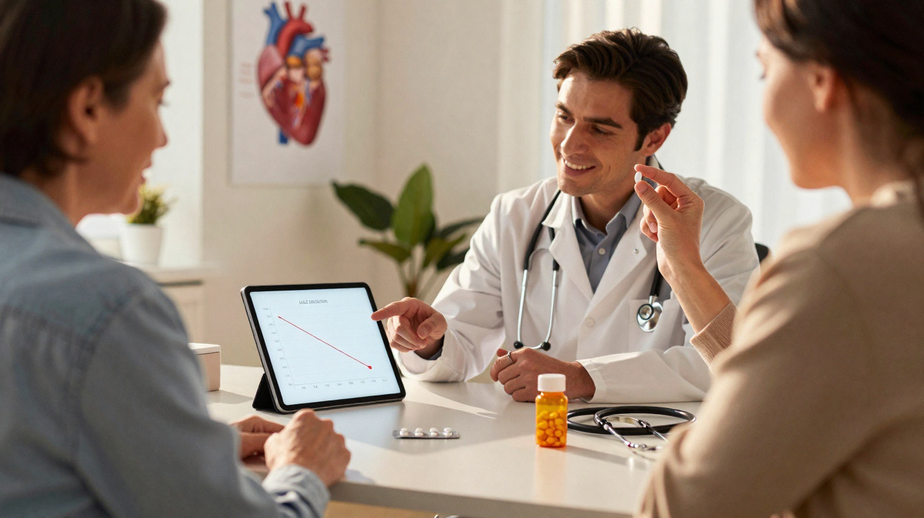Médico explica gráfico para casal em consulta enquanto mulher segura medicamento em consultório.