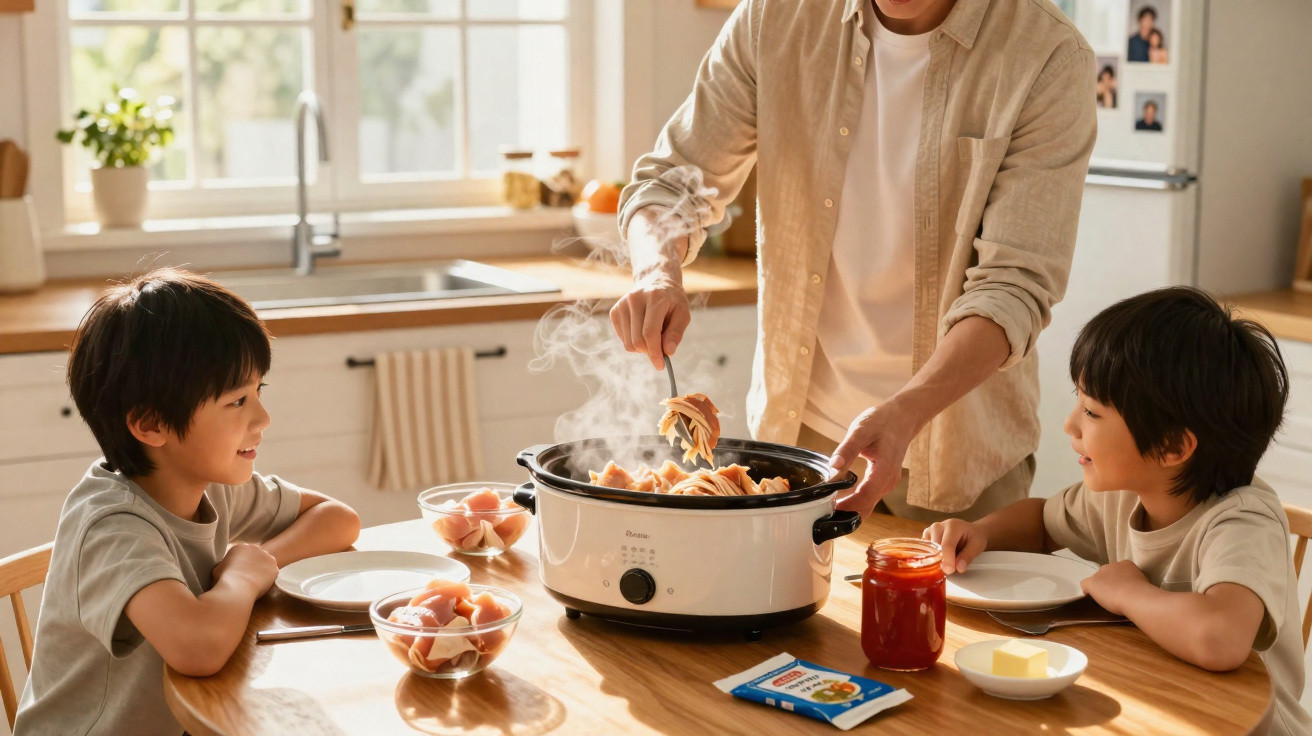 Adulto servindo macarrão quente para duas crianças sentadas à mesa na cozinha iluminada.