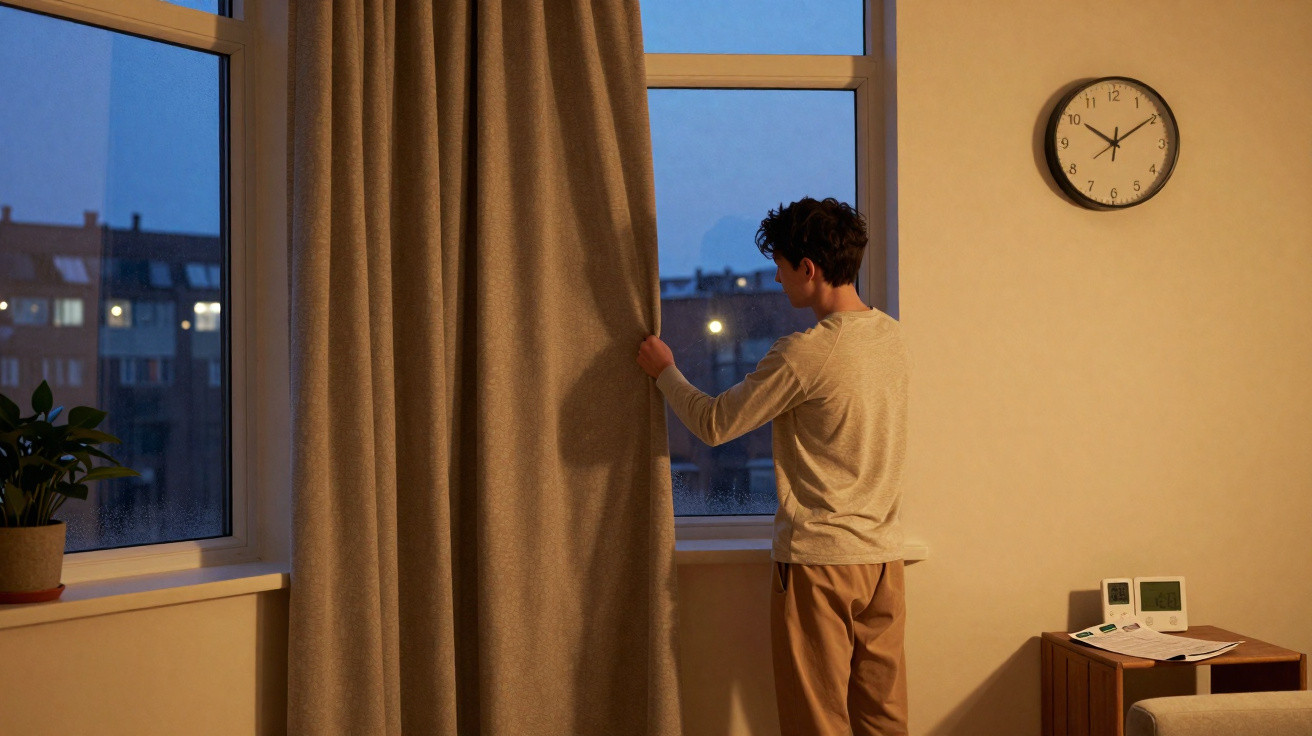Pessoa abrindo cortina à noite em quarto com parede amarela e relógio marcando 21h15.