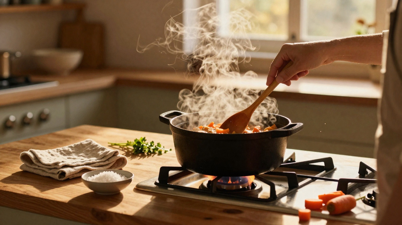 Mão mexendo panela com legumes cozinhando no fogão a gás em cozinha iluminada pela luz natural.