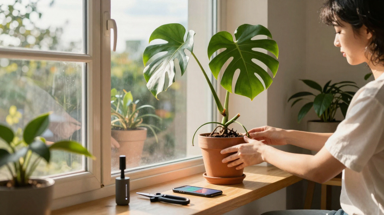 Pessoa cuidando de planta em vaso na janela com luz natural e ferramentas ao lado em ambiente interno.