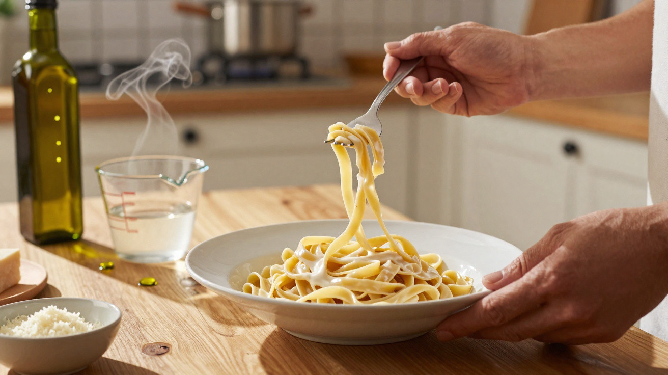 Pessoa segurando prato de macarrão com garfo, ao lado de azeite, queijo ralado e panela na cozinha.