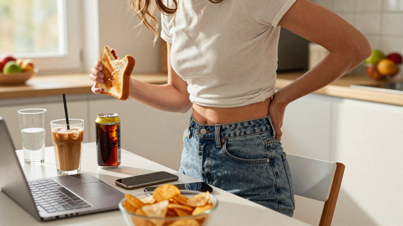 Mulher em pé na cozinha comendo sanduíche e sentindo dor nas costas ao lado de lanche e laptop.