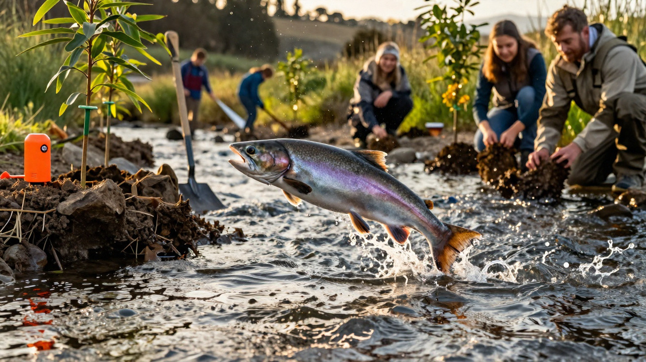 Peixe saltando em riacho com pessoas plantando árvores e cuidando da natureza ao fundo.