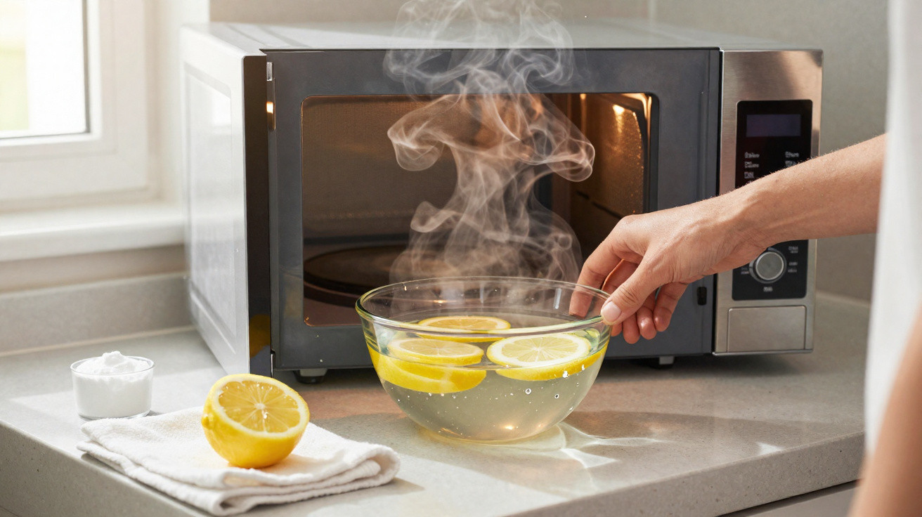 Pessoa segurando tigela de vidro com água quente e fatias de limão saindo vapor próximo a micro-ondas.