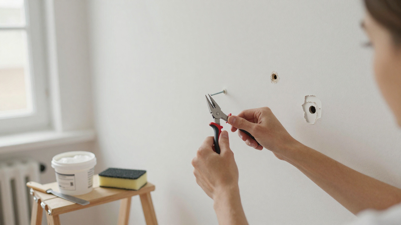 Pessoa utilizando alicate para retirar parafuso de parede branca com buracos e materiais de pintura ao lado.