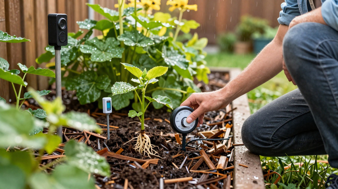 Pessoa ajusta temporizador de irrigação em jardim com plantas e sensores de umidade no solo.