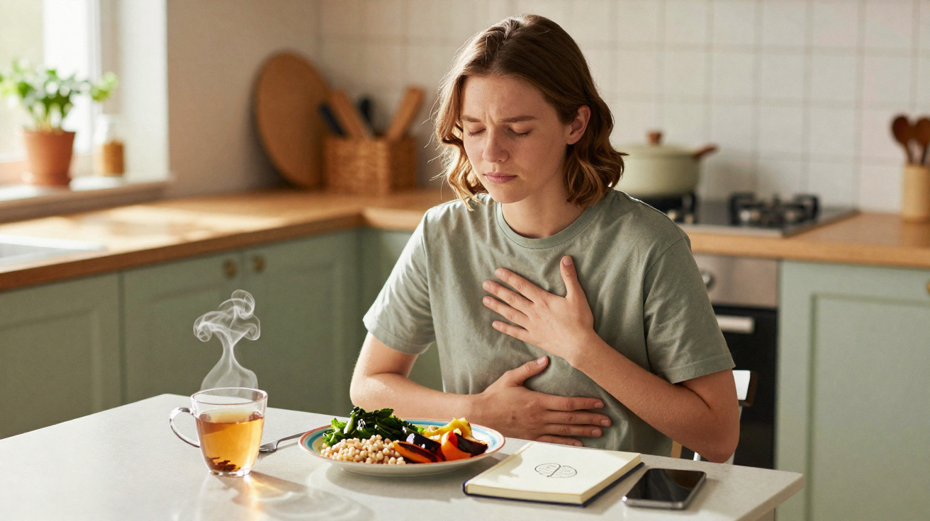 Mulher sentada à mesa na cozinha com expressão de dor, segurando o peito e a barriga, com comida e chá à frente.