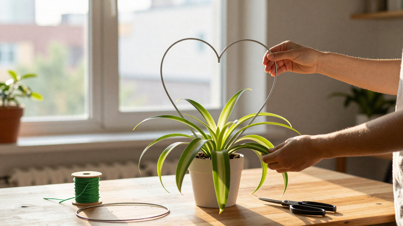 Pessoa moldando arame em formato de coração em planta verde dentro de vaso branco em mesa de madeira.