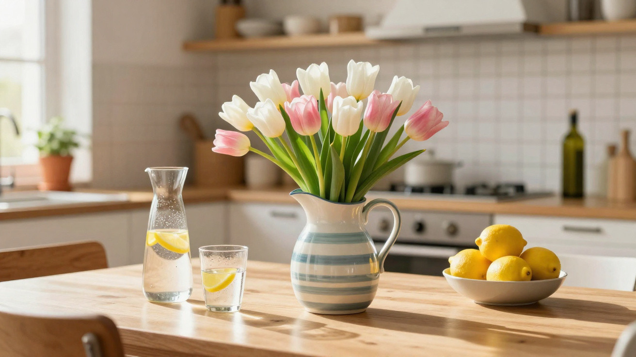 Vaso com tulipas brancas e rosas, jarra e copo com limonada, e tigela com limões sobre mesa de madeira na cozinha.