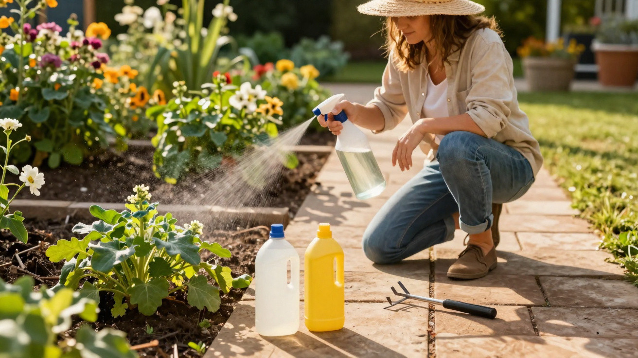 Mulher com chapéu regando plantas em jardim florido, ao lado de regadores e ferramenta de jardinagem.