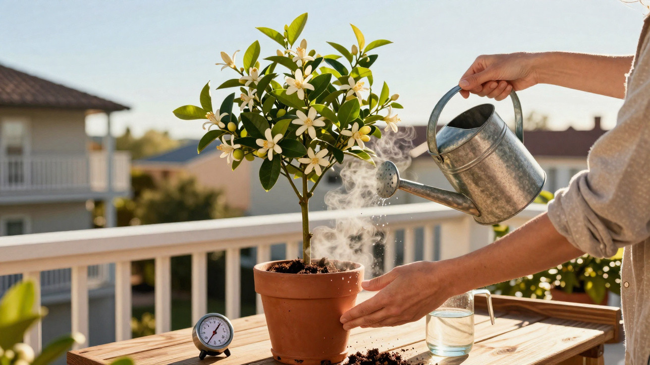 Pessoa regando planta florida em vaso de barro numa varanda ensolarada ao amanhecer.