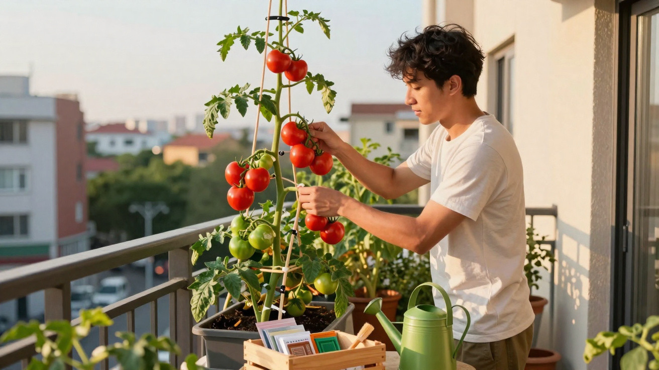 Jovem cuidando de planta de tomates vermelhos em uma varanda ensolarada de apartamento.