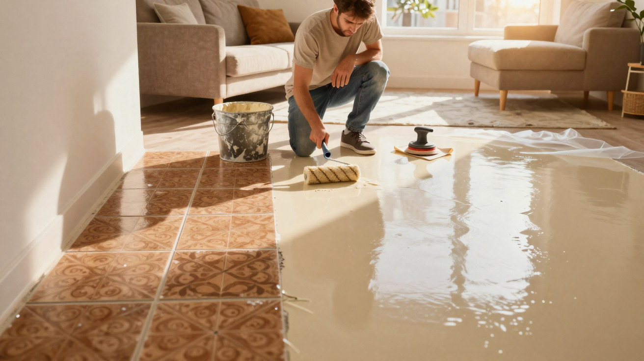 Homem aplicando resina transparente sobre piso de cerâmica em sala iluminada pelo sol.