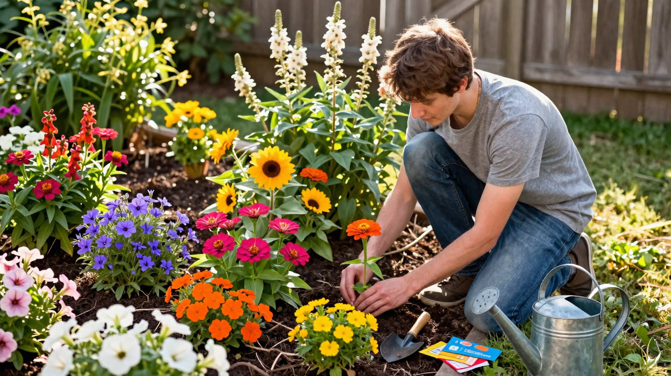 Jovem cuidando de flores coloridas em jardim ensolarado, com regador e ferramentas ao lado.