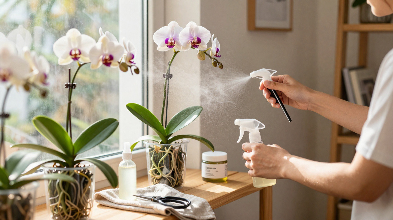 Pessoa borrifando água em orquídea branca em vaso transparente sobre bancada de madeira perto da janela.