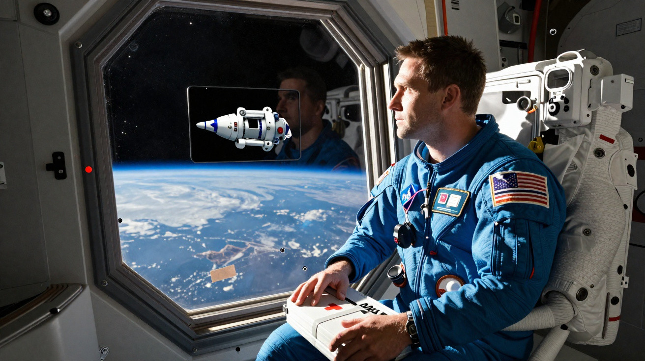 Astronauta em traje azul observa a Terra pela janela da estação espacial com visão de nave espacial.