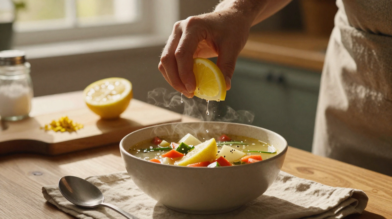Mão espremendo limão em sopa de legumes quente em tigela sobre mesa com colher e pano.