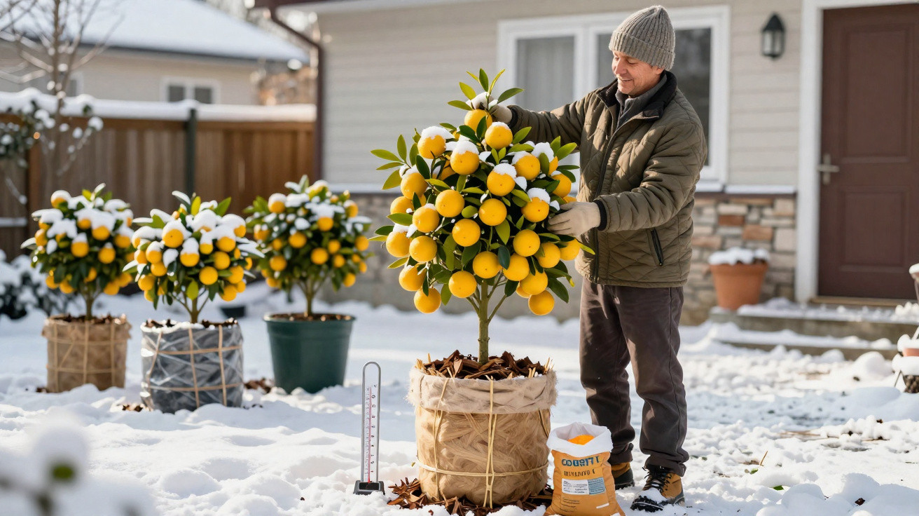 Homem cuidando de árvores cítricas em vasos cobertos de neve no jardim de uma casa.