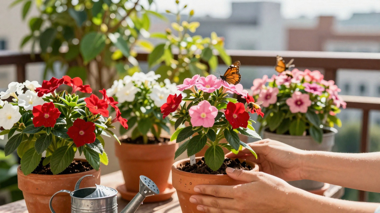 Mãos cuidando de vasos com flores coloridas e borboletas em varanda iluminada pelo sol.