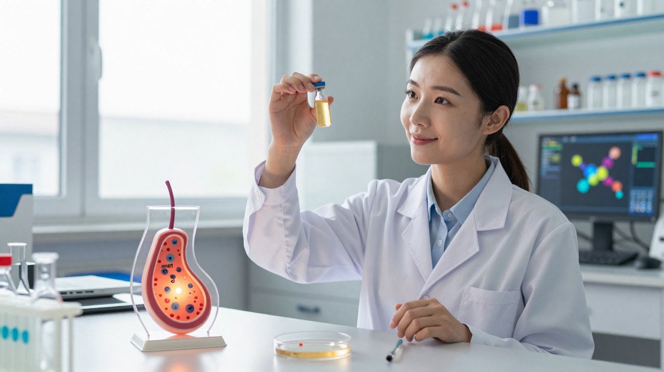 Pesquisadora em laboratório analisando amostra líquida em tubo de ensaio com modelo de célula ao lado.