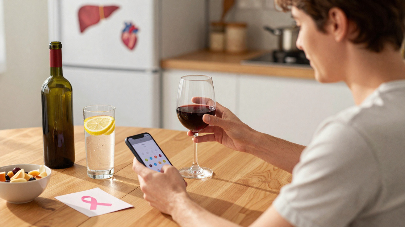 Pessoa segurando taça de vinho tinto e celular sentada à mesa com copo de água, taça e laço rosa.