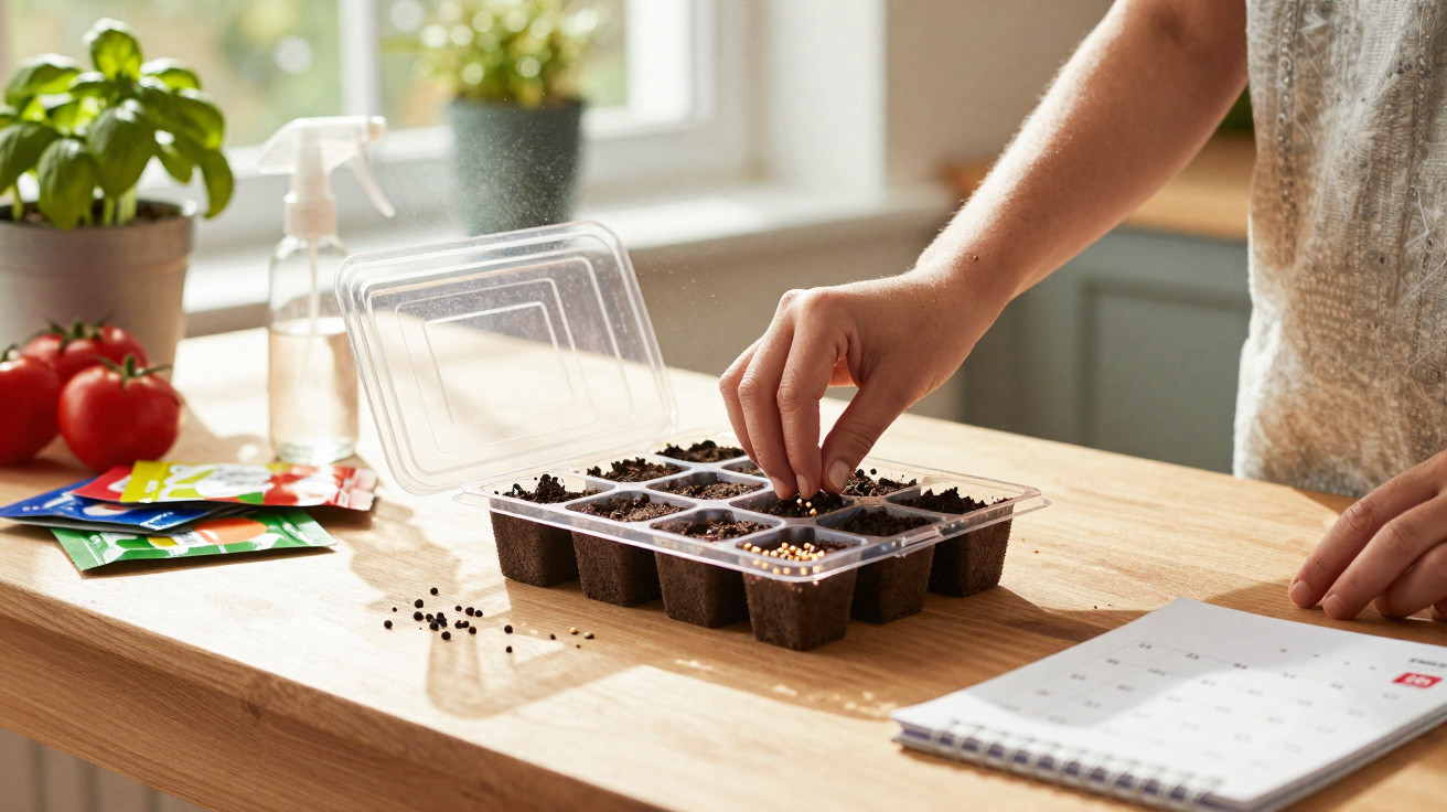 Pessoa plantando sementes em bandeja com terra em uma mesa com calendário e pacotes de sementes.