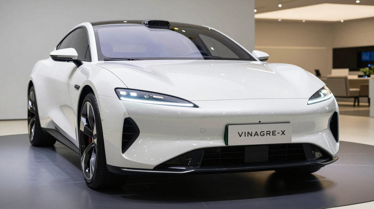 Carro elétrico branco Vinagre-X exibido em ambiente interno com foco na dianteira e faróis acesos.