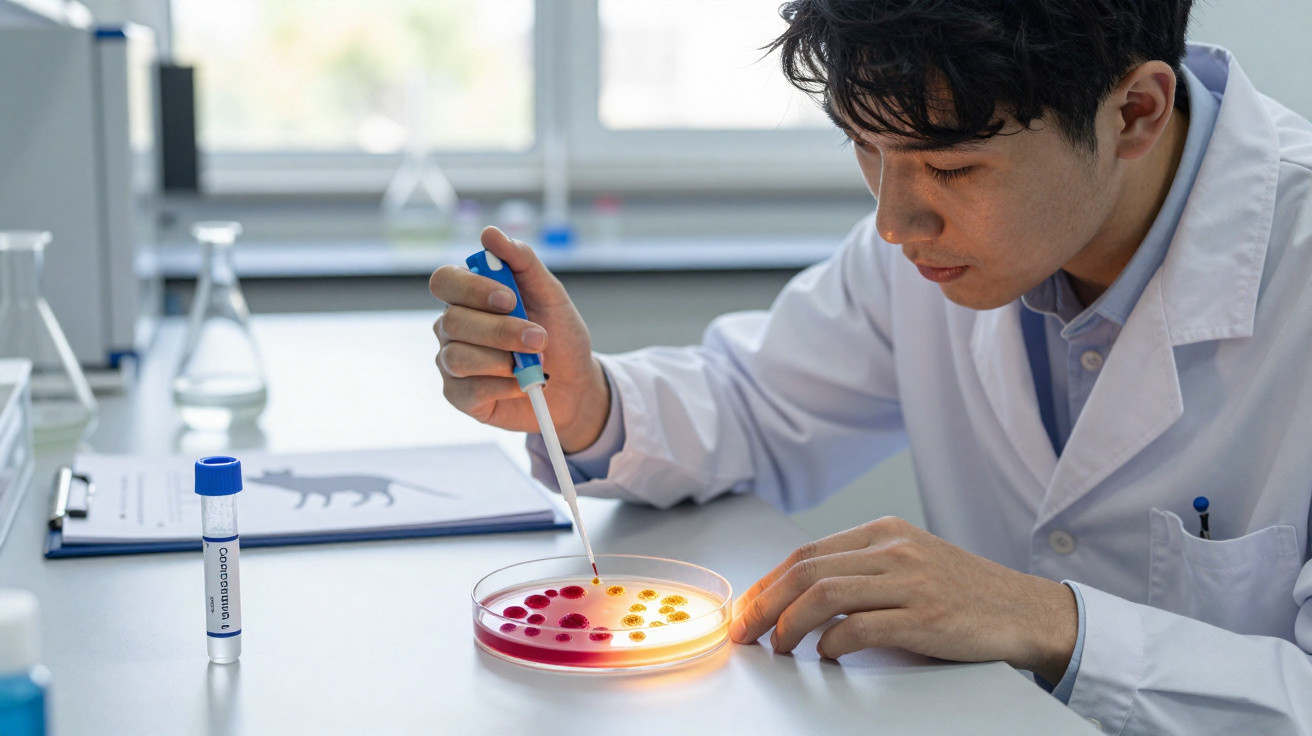 Pesquisador manuseia uma placa de Petri com colônias de bactérias no laboratório.
