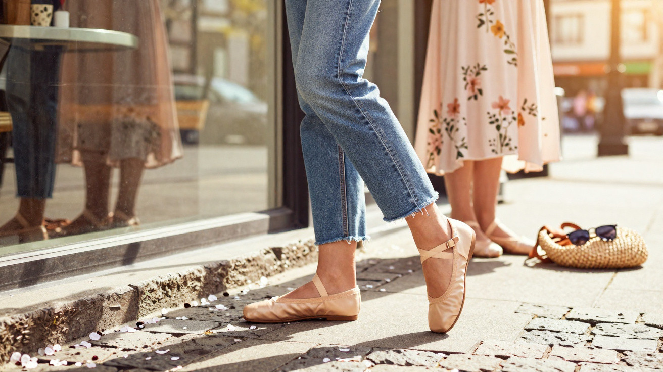 Pessoa usando sapatilhas rosas e jeans, em frente a vitrine de loja, próxima a outra pessoa com vestido floral e bolsa de pal