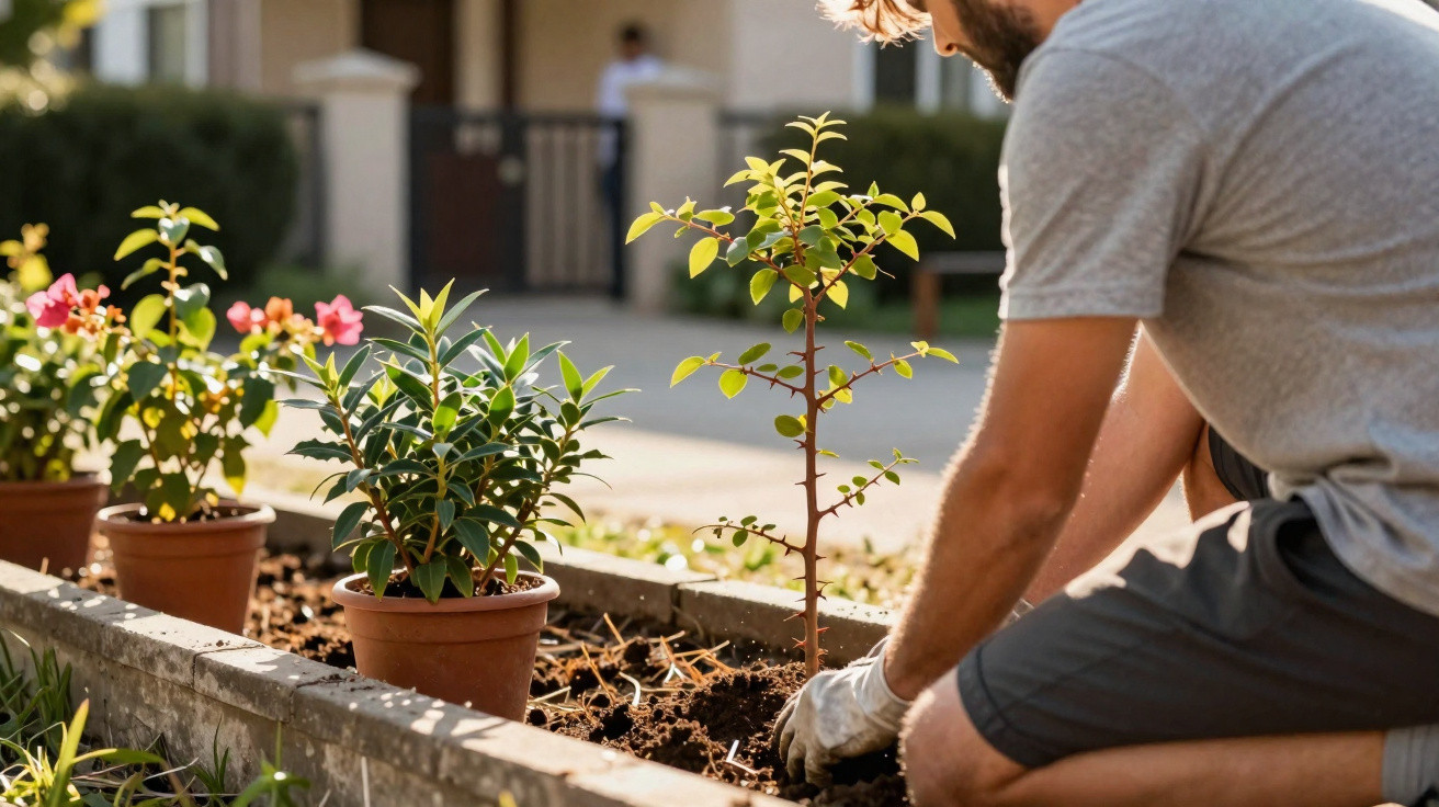 Homem plantando muda de árvore jovem em canteiro com outras plantas em vasos ao redor.