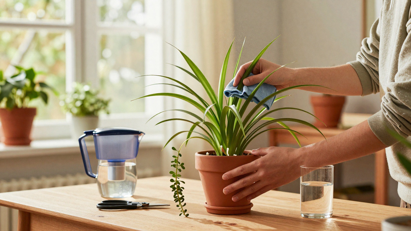 Pessoa limpando folha de planta em vaso sobre mesa com jarra, tesoura e copo d'água ao lado.