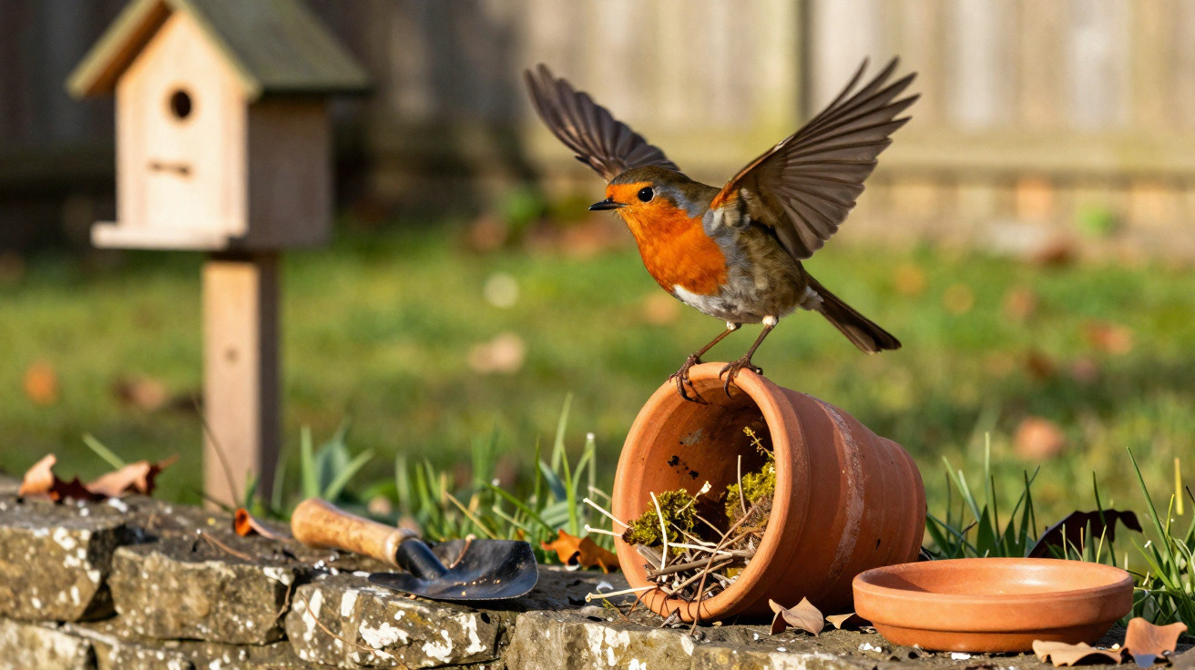 Pássaro com peito laranja batendo asas em vaso de barro tombado no jardim com pá e casinha ao fundo.