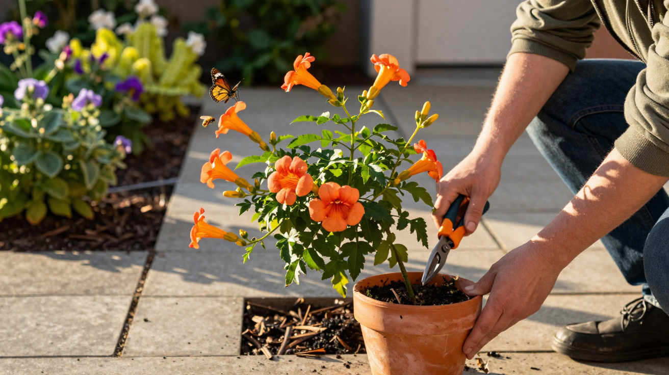 Pessoa cuidando de planta com flores laranjas num vaso de barro ao ar livre em dia ensolarado.