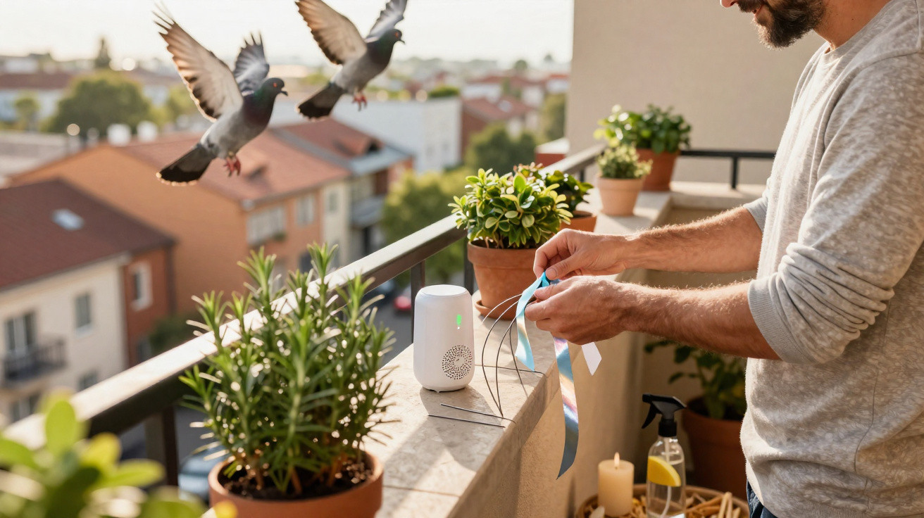 Homem cuida de plantas em varanda com pombos voando e dispositivo eletrônico sobre o parapeito.