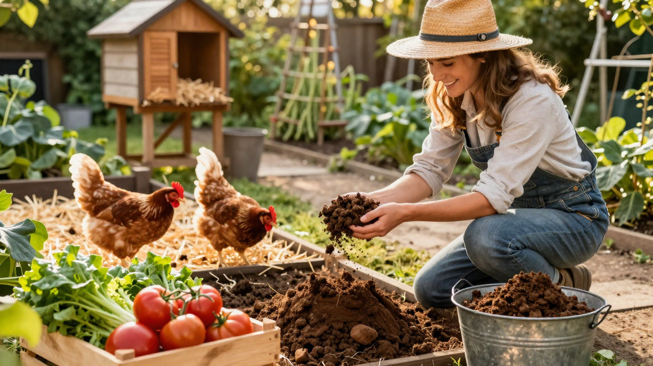 Mulher cuidando do solo em horta com galinhas, tomates e vegetais ao redor, em dia ensolarado.
