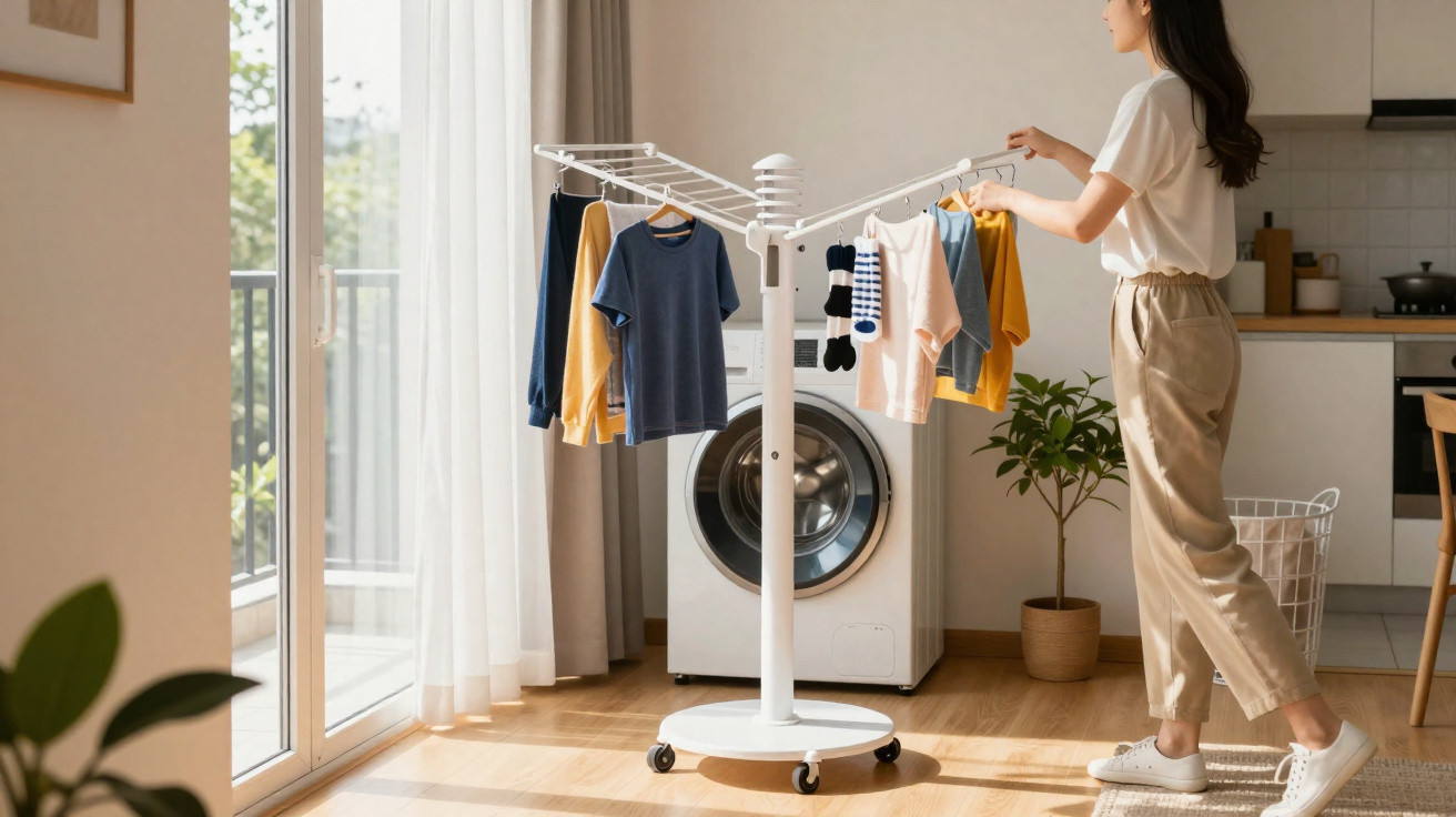 Mulher pendura roupas em varal giratório branco dentro de apartamento iluminado pelo sol.