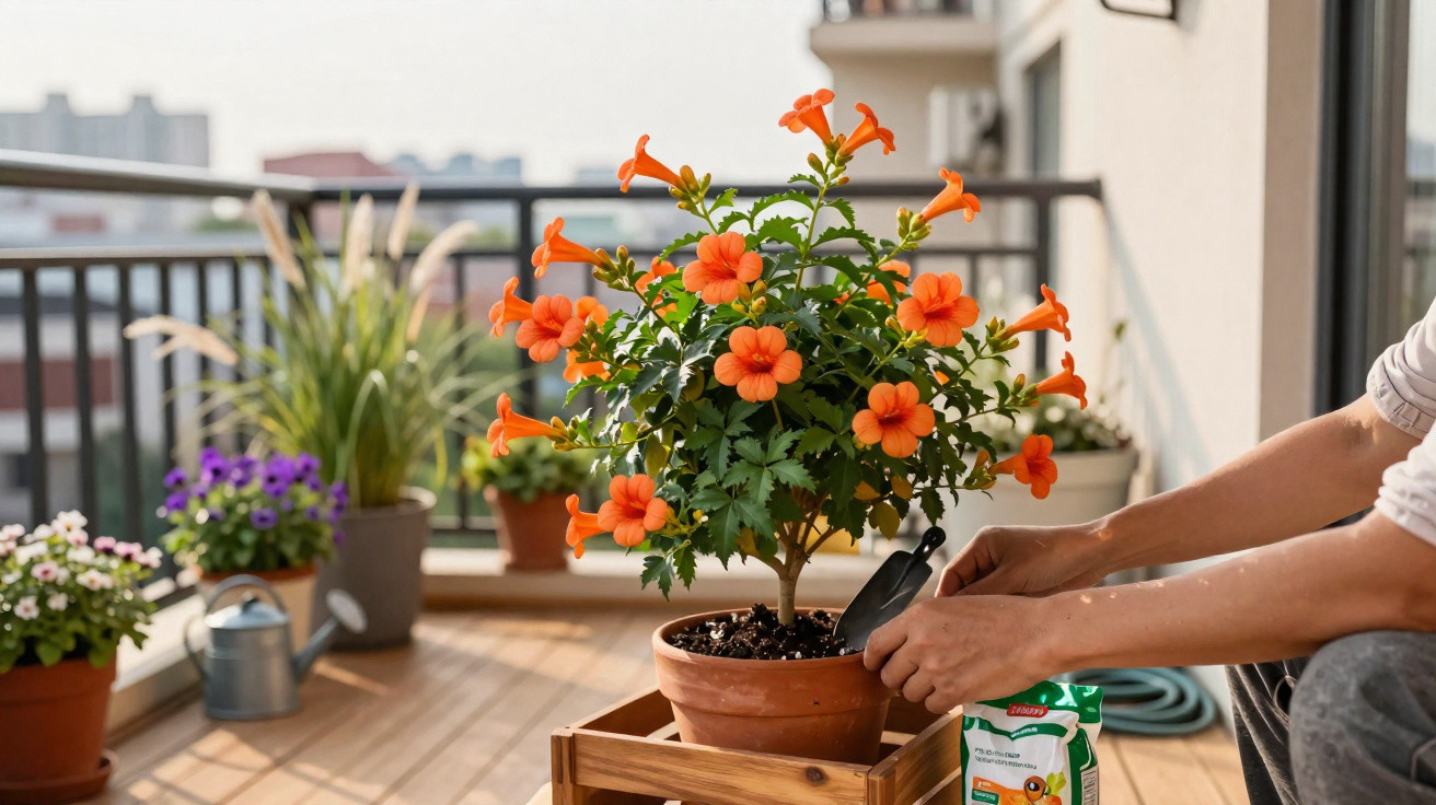 Pessoa cuidando de planta com flores laranjas em vaso no terraço de apartamento ensolarado.