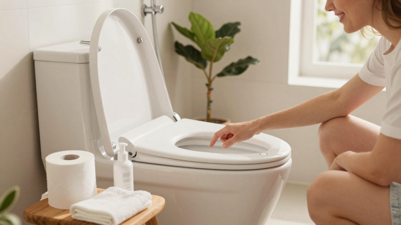 Mulher aponta para assento com tampa aberta de vaso sanitário em banheiro com planta e janela.