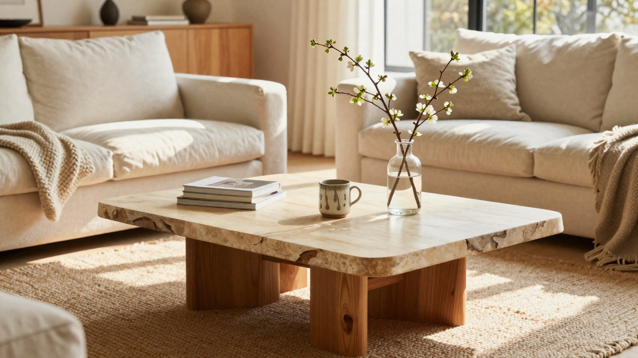 Sala de estar com sofá bege, mesa de madeira com vaso de flores e livros, iluminação natural.