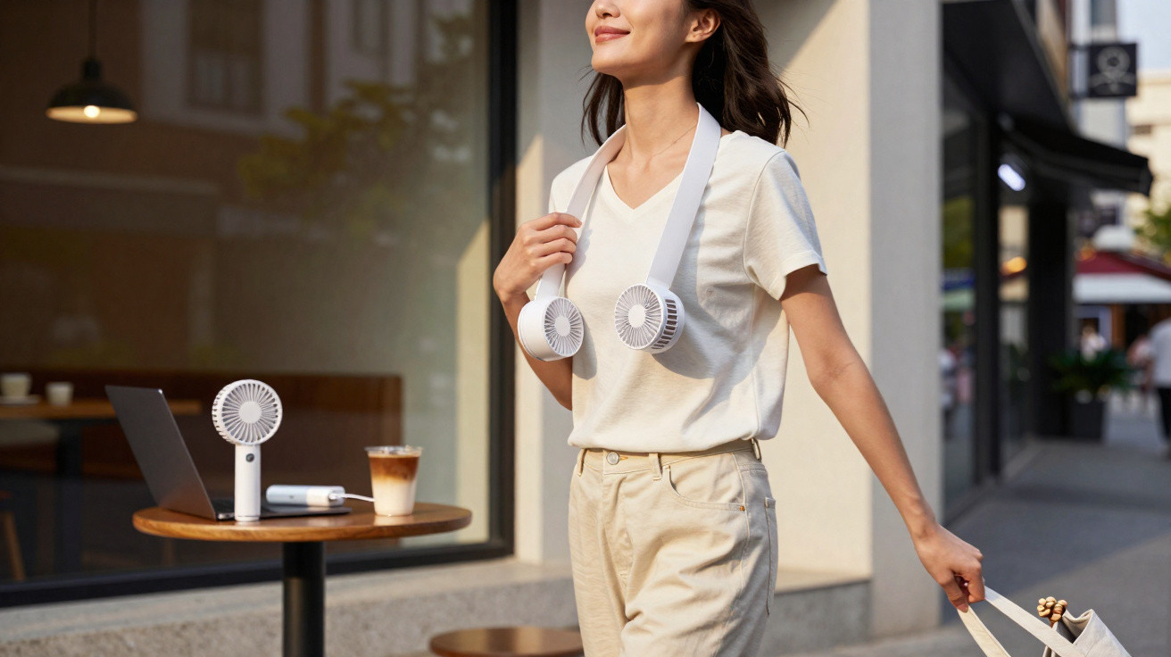 Mulher com ventilador portátil de pescoço, sorrindo em área urbana próxima a mesa com notebook e café.