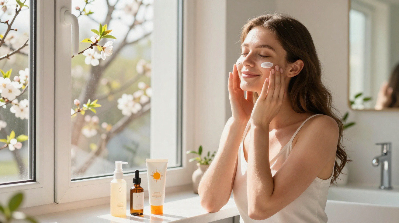 Mulher aplica creme no rosto perto da janela com produtos de cuidados da pele ao lado.