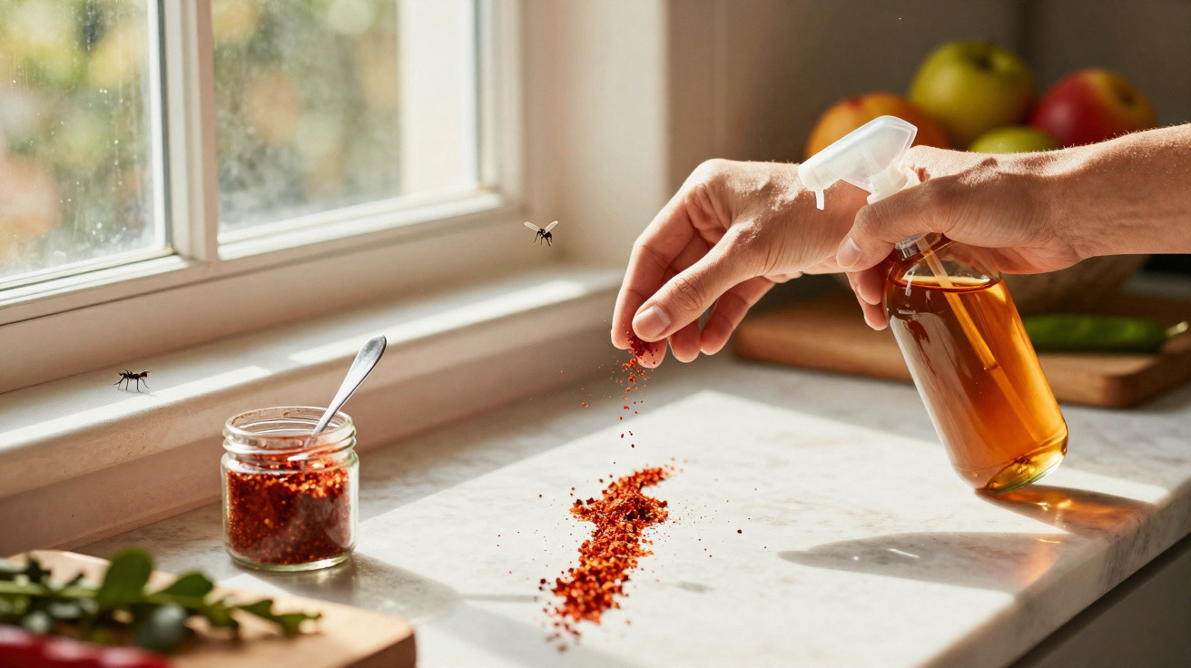 Mão polvilhando pimenta vermelha e borrifando líquido perto de jarra com pimenta e duas abelhas na cozinha.