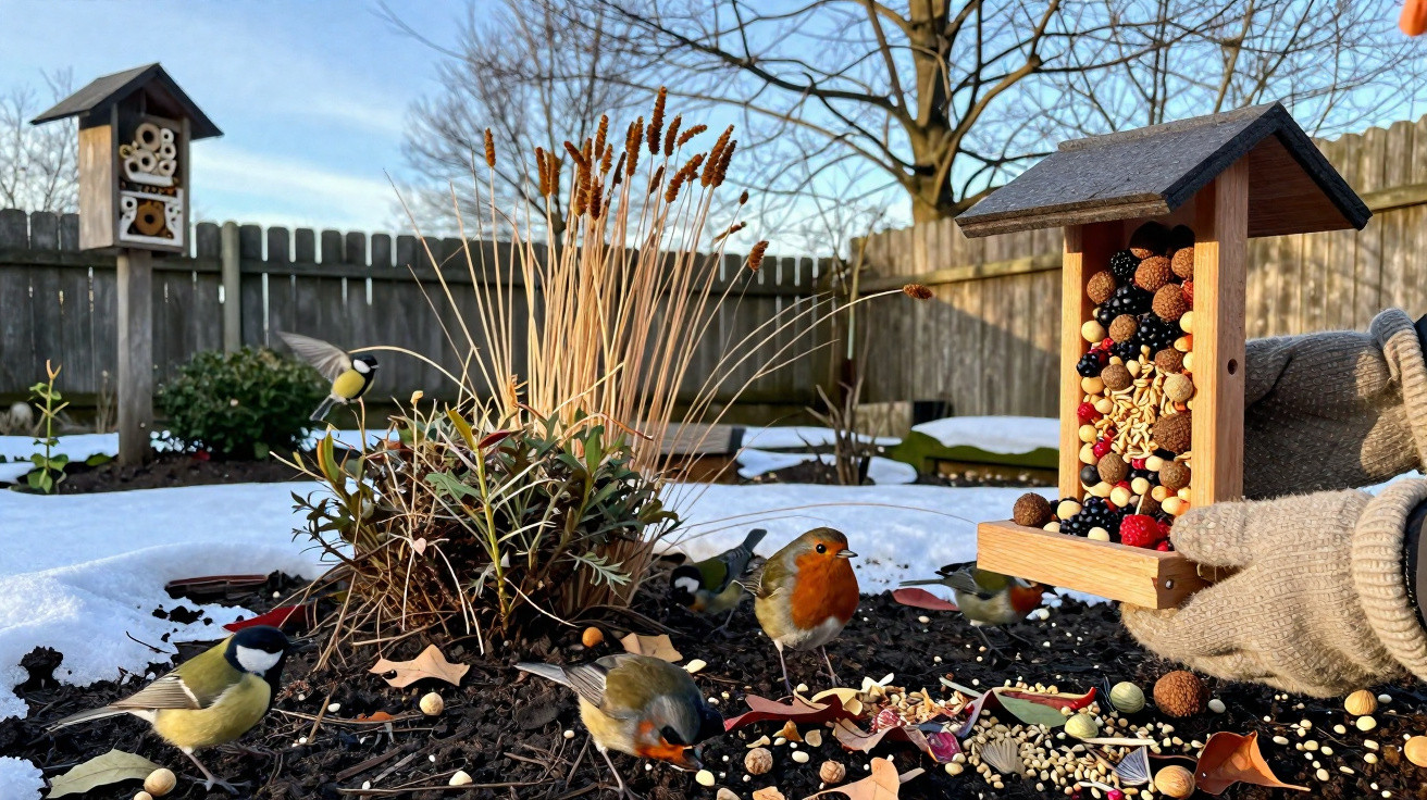 Pássaros variados alimentando-se em jardim com neve, pessoa segurando comedouro de madeira cheio de sementes.