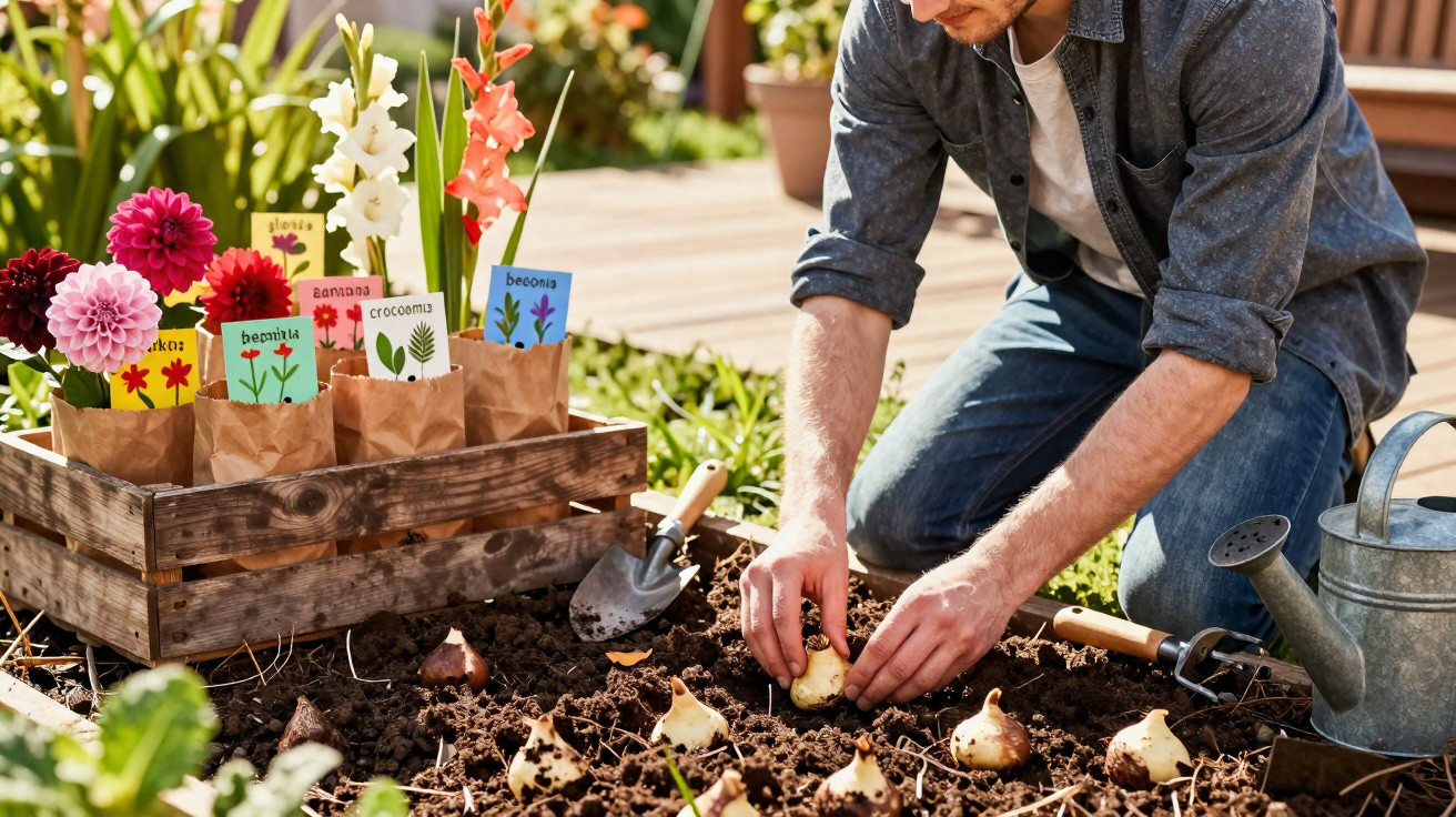 Pessoa plantando bulbos de flores em jardim, com regador e caixa de mudas coloridas ao lado.