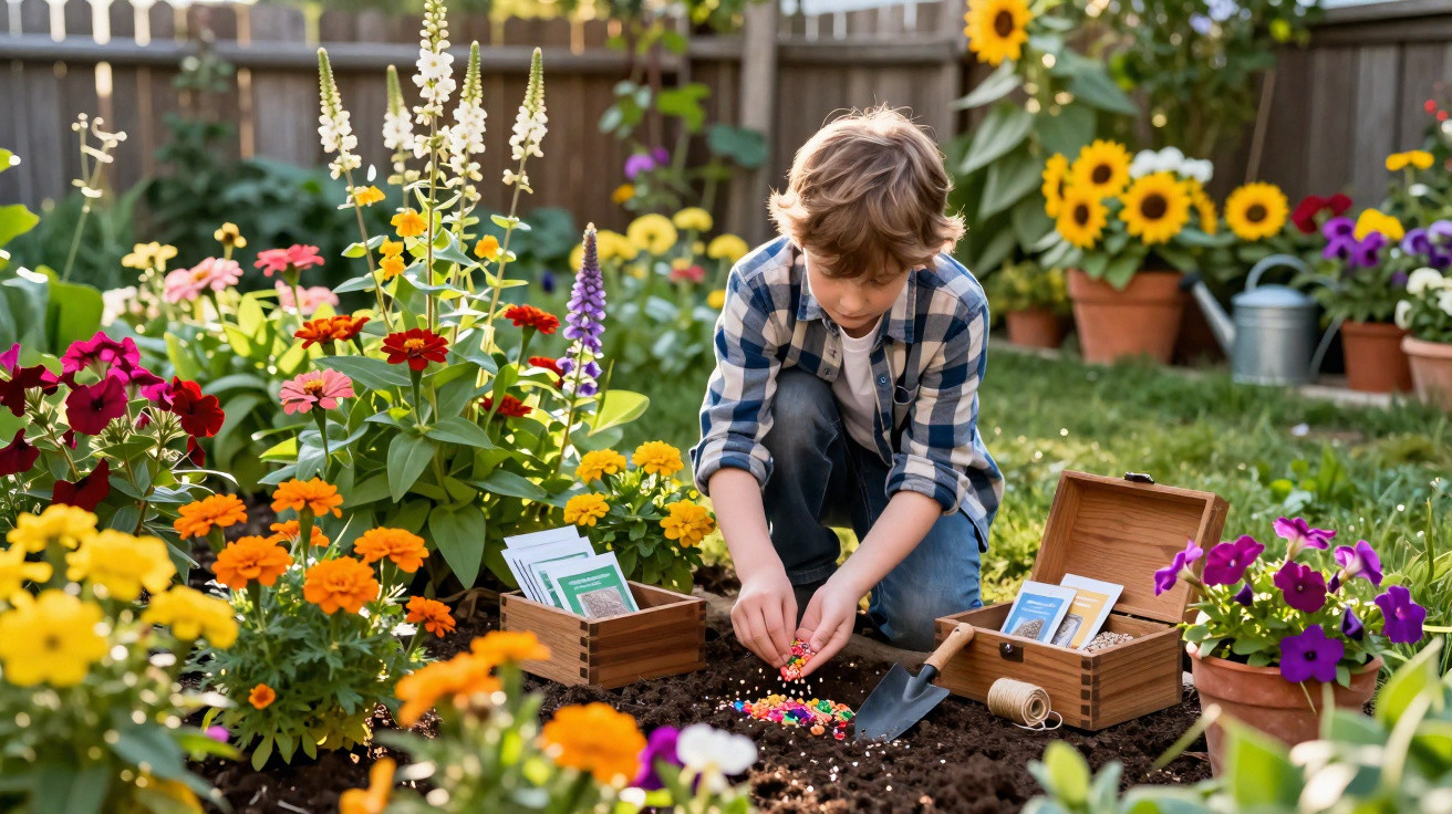 Criança plantando sementes em jardim florido cercado por vasos e ferramentas de jardinagem.