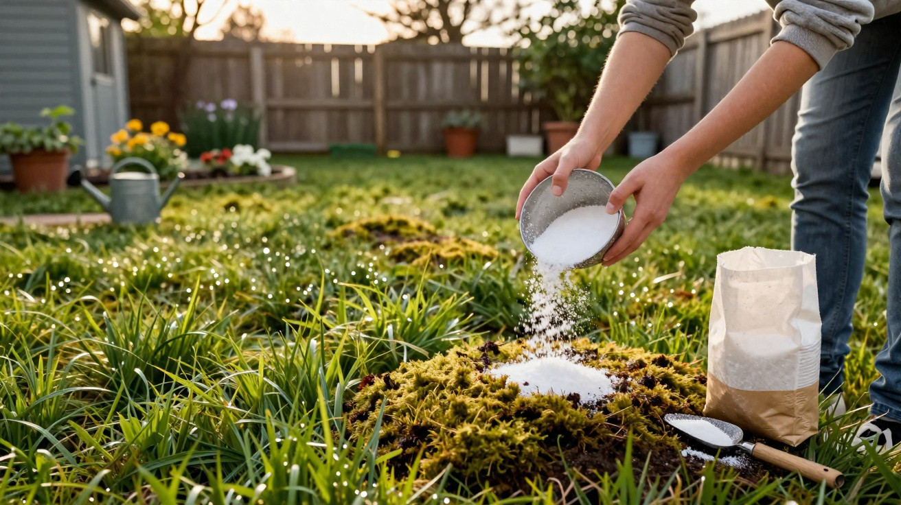 Pessoa despejando fertilizante em pó em jardim com plantas e flores ao fundo em área externa.