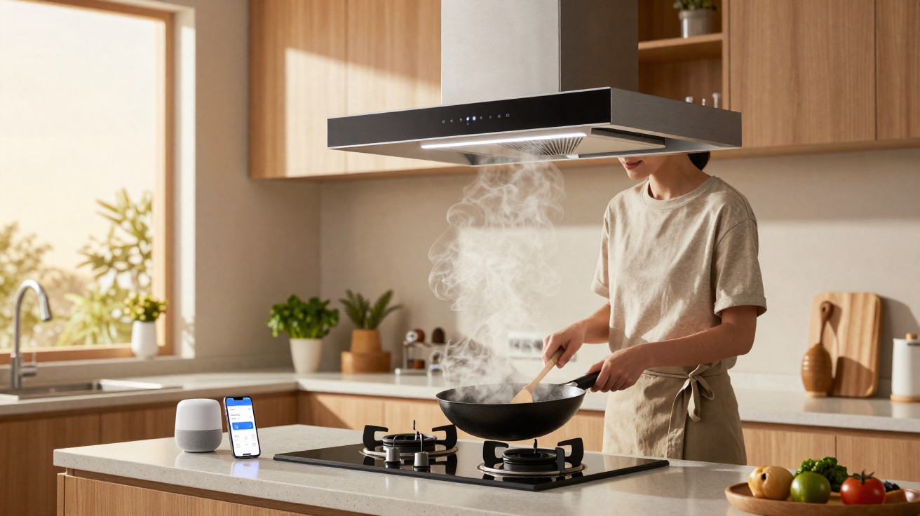 Pessoa cozinhando em cozinha moderna com coifa, panela fumegante e smartphone na bancada.