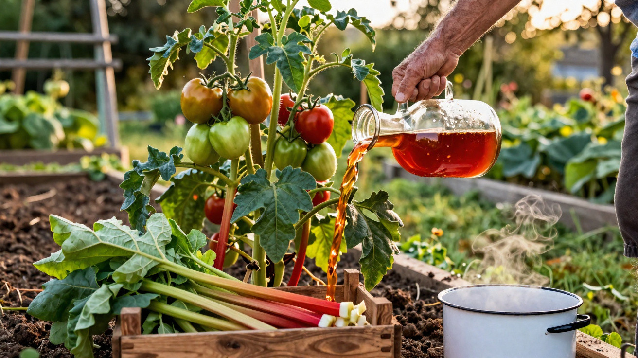 Pessoa regando plantas de tomate com chá em jarra de vidro em horta com caixa de folhas verdes ao lado.