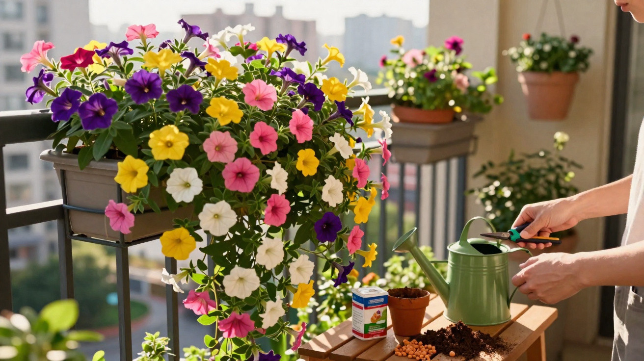 Pessoa regando flores coloridas em varandinha de apartamento ao ar livre em dia ensolarado.